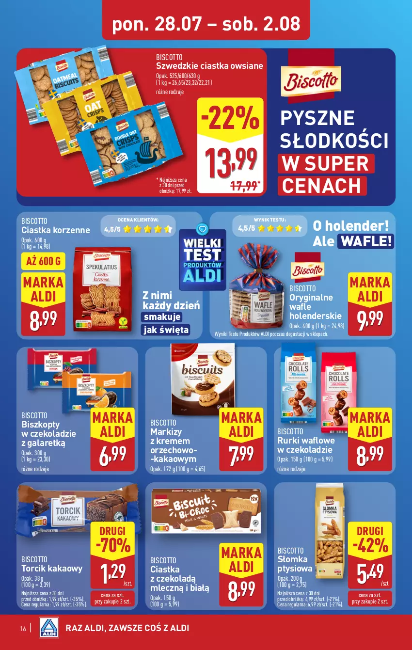 Gazetka promocyjna Aldi - Pełna oferta - ważna 28.07 do 02.08.2025 - strona 16 - produkty: Biszkopty, Ciastka, Ciastka owsiane, Gala, Gin, Kakao, Rurki, Wafle