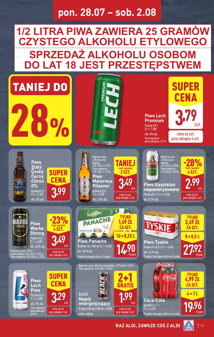 Gazetka promocyjna Aldi - Pełna oferta - ważna 28.07 do 02.08.2025 - strona 17 - produkty: Coca-Cola, Gra, Kasztelan, Lack, Lech Premium, Napój, Piwa, Piwo, Tyskie, Warka
