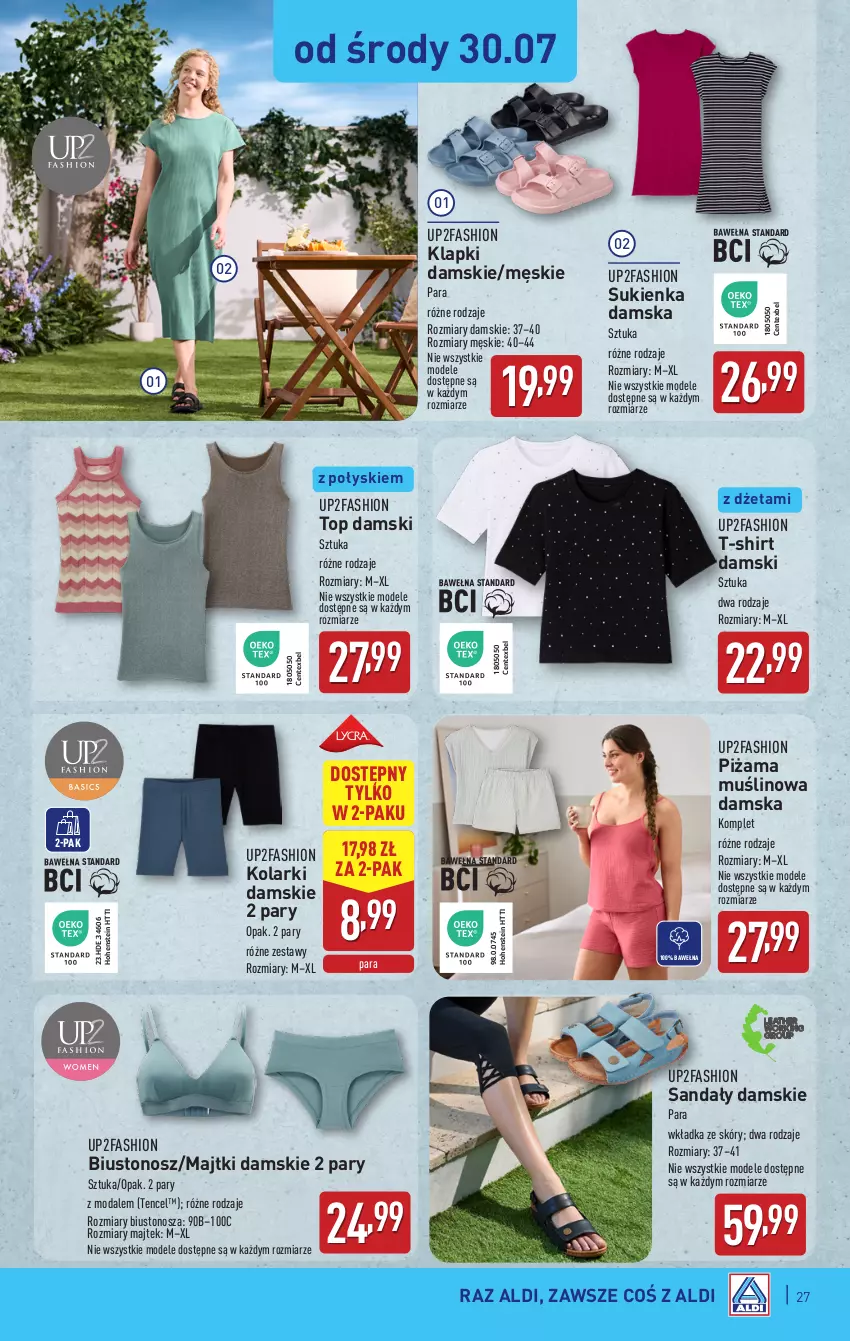 Gazetka promocyjna Aldi - Pełna oferta - ważna 28.07 do 02.08.2025 - strona 27 - produkty: Biustonosz, Fa, Klapki, Majtki, Moda, Piżama, Sandał, Sukienka, T-shirt, Top, Wełna