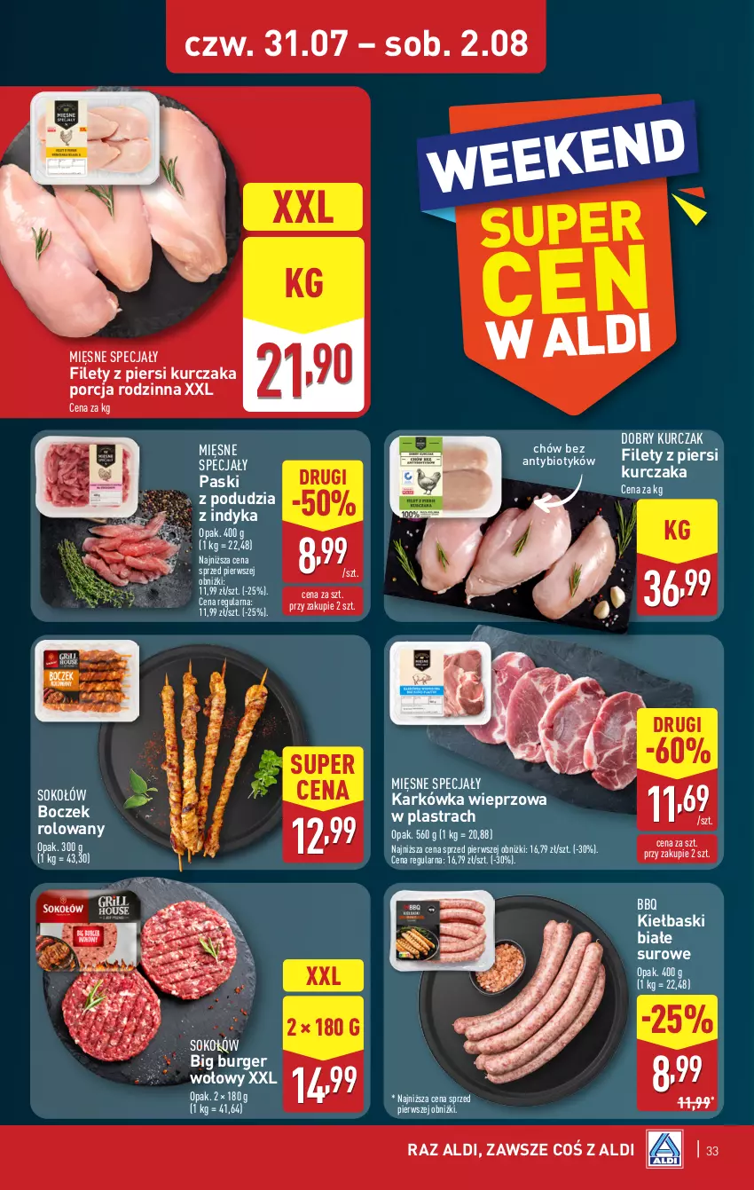Gazetka promocyjna Aldi - Pełna oferta - ważna 28.07 do 02.08.2025 - strona 33 - produkty: Boczek, Burger, Karkówka wieprzowa, Kiełbaski białe, Kurczak, Mięsne specjały, Por, Sok, Sokołów