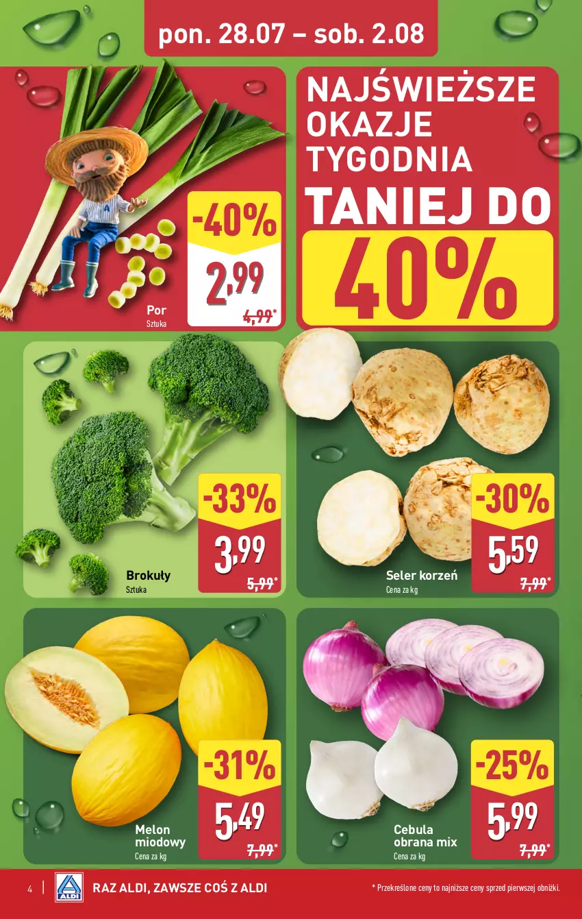 Gazetka promocyjna Aldi - Pełna oferta - ważna 28.07 do 02.08.2025 - strona 4 - produkty: Brokuły, Cebula, Melon, Por, Seler korzeń