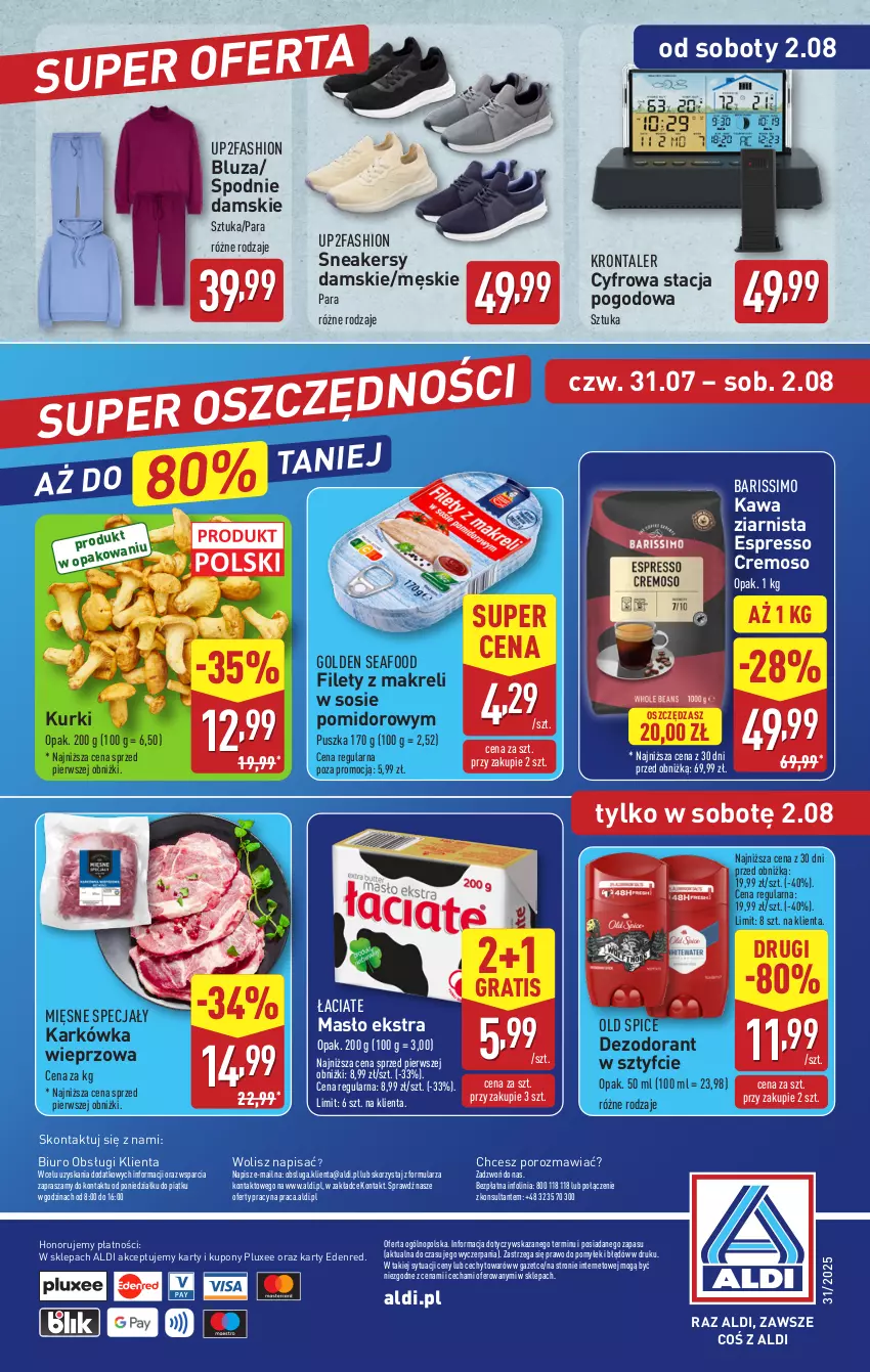 Gazetka promocyjna Aldi - Pełna oferta - ważna 28.07 do 02.08.2025 - strona 42 - produkty: Biuro, Bluza, Dezodorant, Fa, Golden Seafood, Gra, Karkówka wieprzowa, Kawa, Kawa ziarnista, Masło, Mięsne specjały, O nas, Old Spice, Por, Sneakersy, Sos, Spodnie, Stacja pogodowa