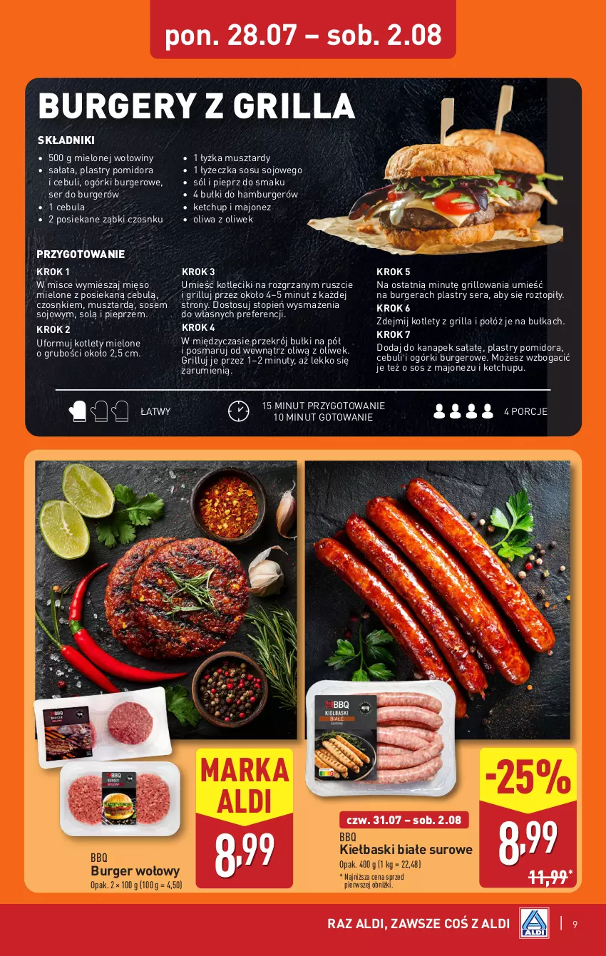 Gazetka promocyjna Aldi - Pełna oferta - ważna 28.07 do 02.08.2025 - strona 9 - produkty: Bułka, Burger, Cebula, Grill, Hamburger, Ketchup, Kiełbaski białe, Kotlet, Majonez, Mięso, Mięso mielone, Mus, Nuty, Oliwa z oliwek, Pieprz, Por, Rum, Sałat, Ser, Sól, Sos, Top