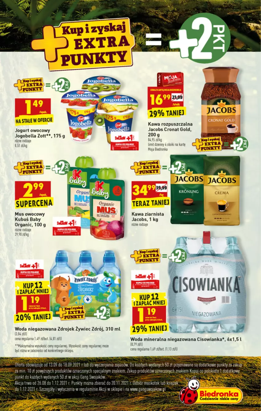 Gazetka promocyjna Biedronka - W tym tygodniu - ważna 13.09 do 18.09.2021 - strona 11 - produkty: Bell, Bella, Cisowianka, Jacobs, Jogobella, Jogurt, Jogurt owocowy, Kawa, Kawa rozpuszczalna, Kawa ziarnista, Kret, Kubuś, Mus, Tera, Woda, Woda mineralna, Woda niegazowana, Zott