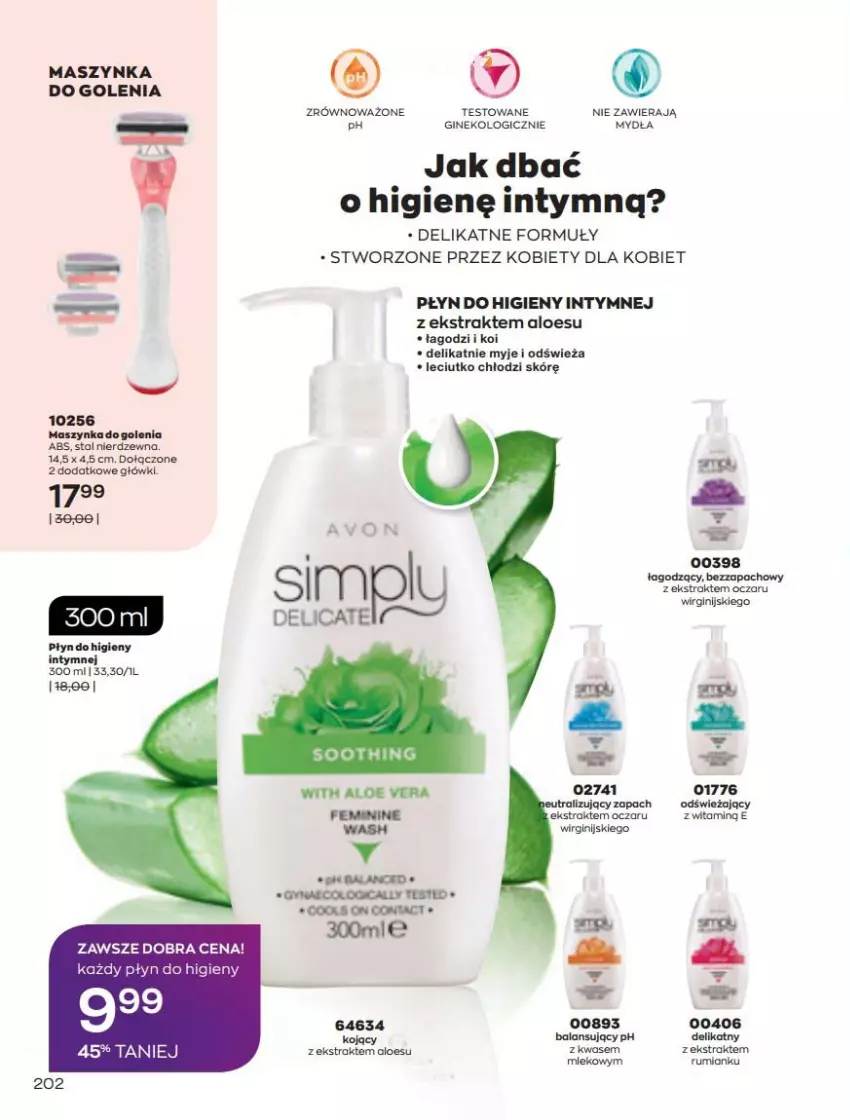 Gazetka promocyjna Avon - Katalog Avon online 5/2021 - ważna 01.05 do 31.05.2021 - strona 202 - produkty: Gin, Maszynka, Maszynka do golenia, Mleko, Płyn do higieny intymnej, Szynka