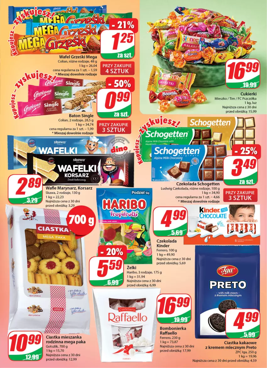 Gazetka promocyjna Dino - Gazetka 32 - ważna 09.08 do 14.08.2023 - strona 3 - produkty: Baton, Ciastka, Cukier, Cukierki, Czekolada, Fa, Ferrero, Gin, Grześki, Haribo, Kakao, Kawa, Kinder, Por, Raffaello, Schogetten, Ser, Wafle