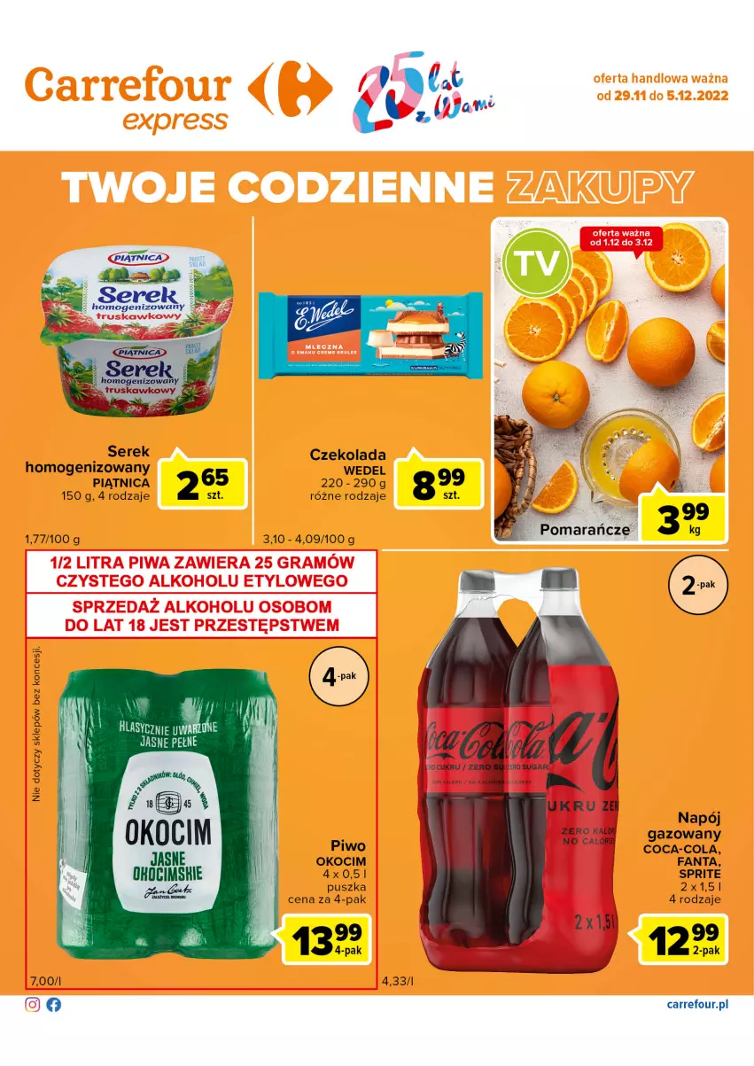 Gazetka promocyjna Carrefour - Gazetka Express - ważna 29.11 do 05.12.2022 - strona 2 - produkty: Coca-Cola, Czekolada, Fa, Fanta, Koc, Napój, Napój gazowany, Okocim, Piątnica, Piwo, Piwo jasne, Ser, Serek, Sprite
