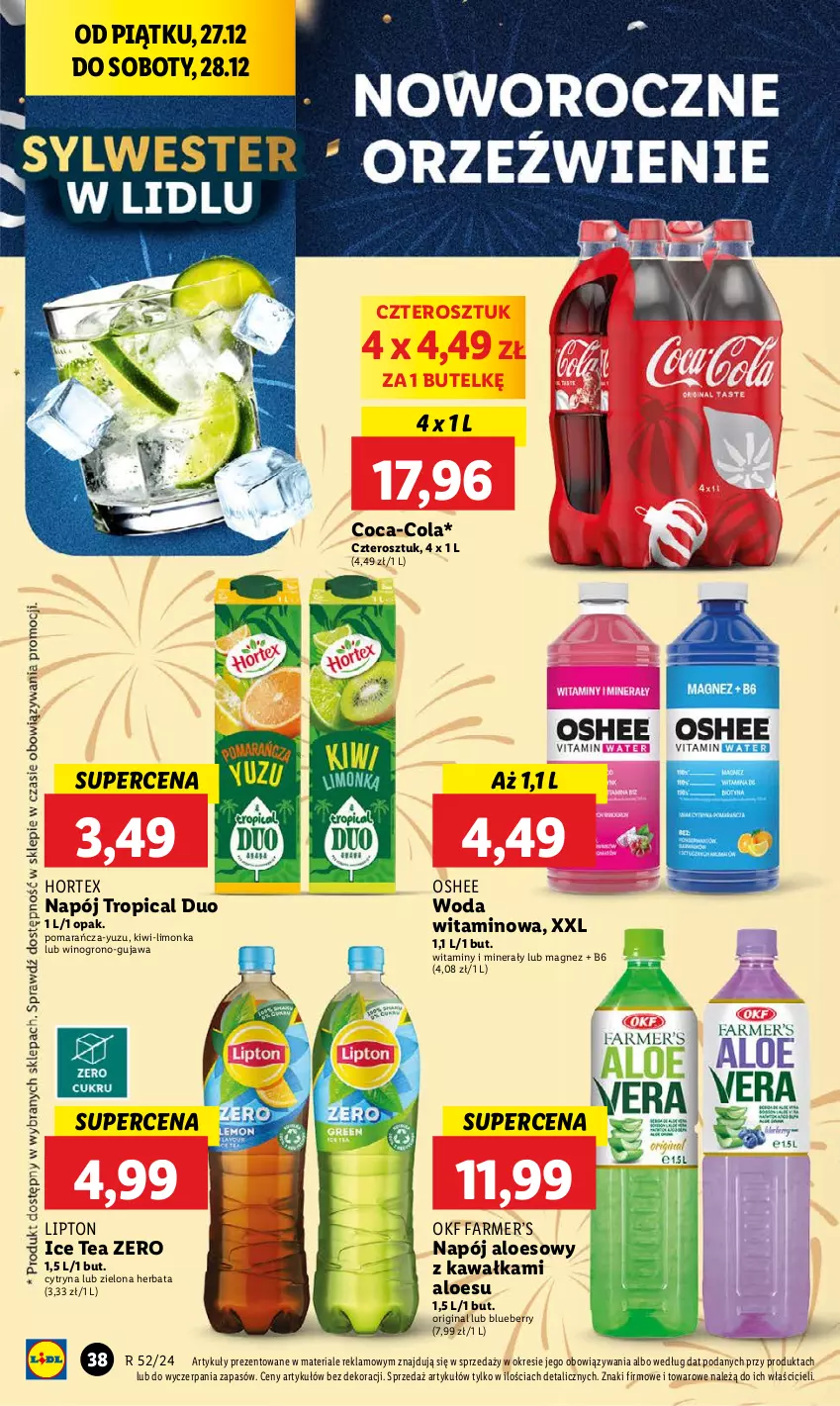 Gazetka promocyjna Lidl - GAZETKA - ważna 27.12 do 28.12.2024 - strona 42 - produkty: Coca-Cola, Fa, Gin, Herbata, Hortex, Ice tea, Kawa, Kiwi, Limonka, Lipton, Magnez, Napój, Oshee, Tropical, Wino, Woda