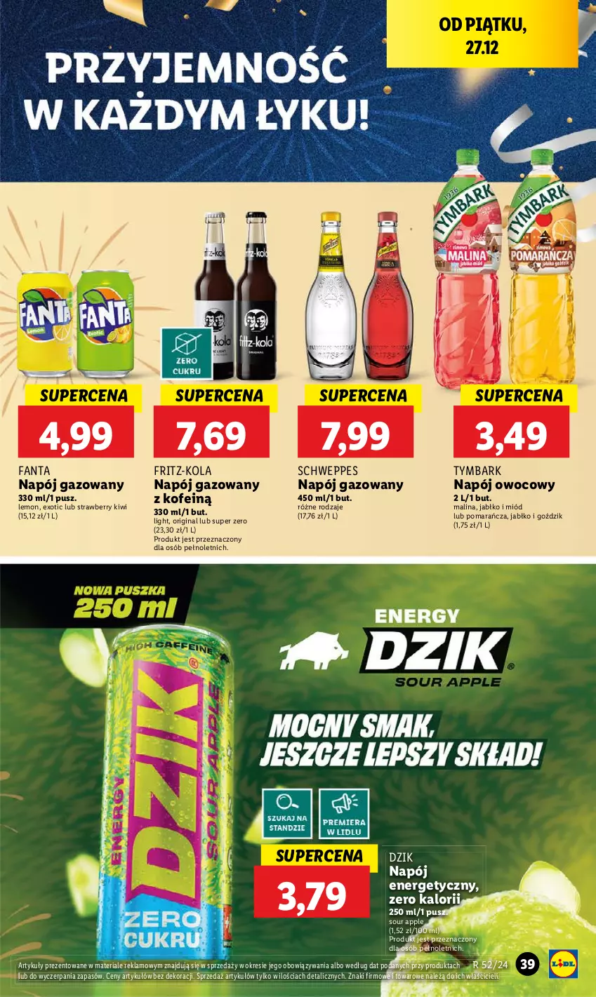 Gazetka promocyjna Lidl - GAZETKA - ważna 27.12 do 28.12.2024 - strona 43 - produkty: Fa, Fanta, Gin, Kiwi, Miód, Napój, Napój energetyczny, Napój gazowany, Schweppes, Tymbark