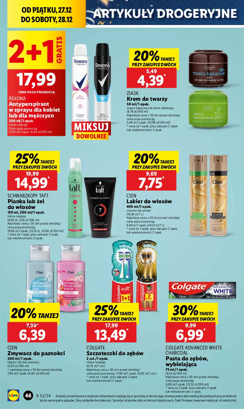 Gazetka promocyjna Lidl - GAZETKA - ważna 27.12 do 28.12.2024 - strona 52 - produkty: Antyperspirant, Colgate, Gra, Kakao, Krem do twarzy, Lakier, Lakier do włosów, LG, Masło, Pasta do zębów, Rexona, Schwarzkopf, Taft, Ziaja, Zmywacz do paznokci