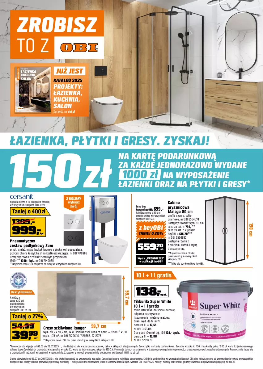 Gazetka promocyjna Obi - Gazetka OBI - ważna 09.07 do 29.07.2025 - strona 1 - produkty: Dres, Fa, Farba lateksowa, Gra, Gres, Kosz, Kuchnia, Miska, Por, Sok, Telefon, Tran