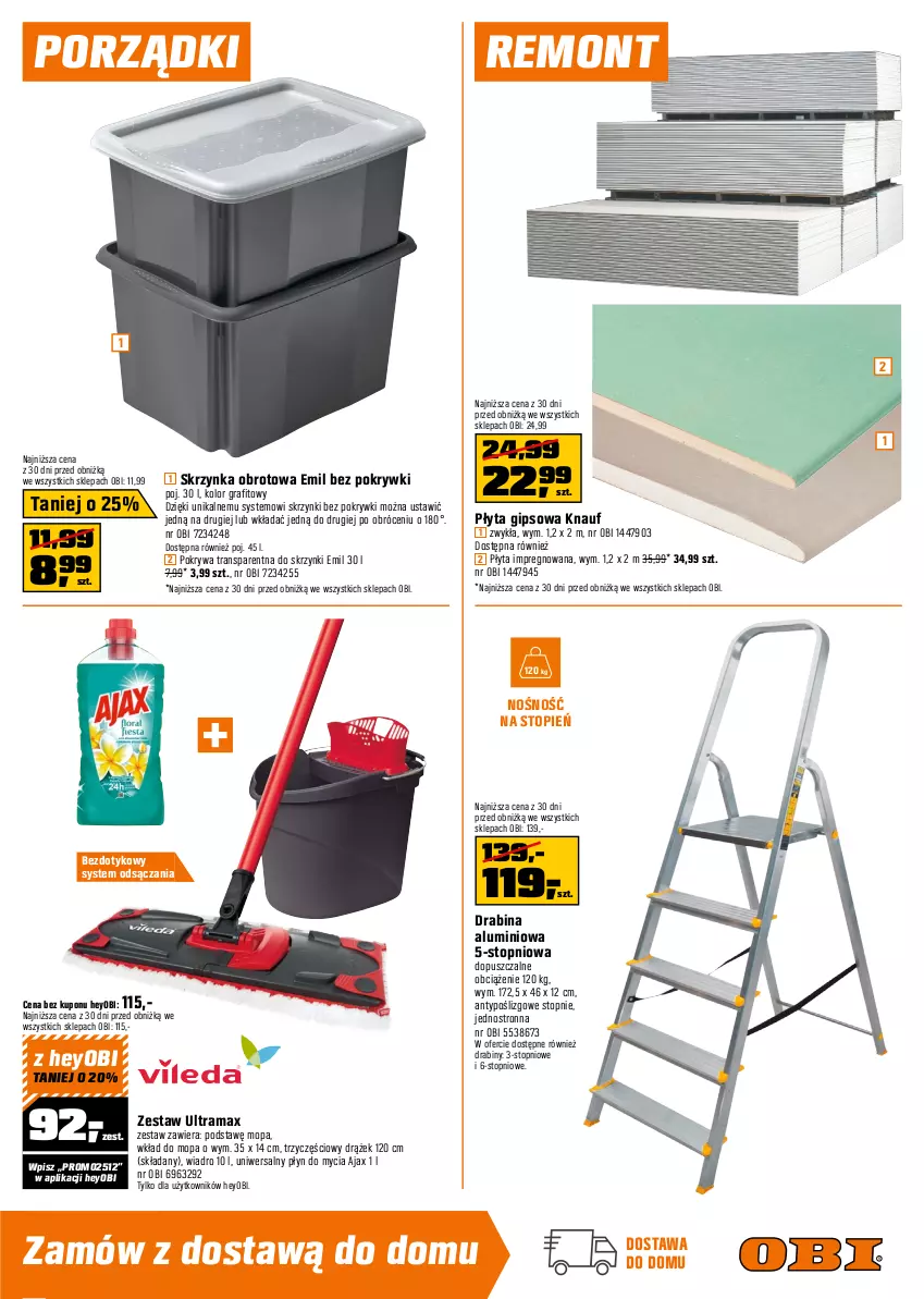 Gazetka promocyjna Obi - Gazetka OBI - ważna 09.07 do 29.07.2025 - strona 9 - produkty: Ajax, Drabina, Dywan, Gra, Hoop, Lampa, Lampa LED, Listwa, Mop, Płyn do mycia, Płyta, Płyta gipsowa, Pokrywa, Por, Rama, Reflektor, Roleta, Sok, Top, Tran, Velvet, Wiadro, Wkład do mopa, Zasłona