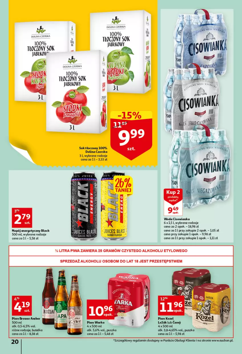 Gazetka promocyjna Auchan - przeNISKIE CENY przeWSPANIAŁE okazje Hipermarkety - ważna 21.04 do 27.04.2022 - strona 20 - produkty: Cisowianka, Gra, Lack, Napój, Napój energetyczny, Piwa, Piwo, Sok, Sok jabłkowy, Warka, Woda