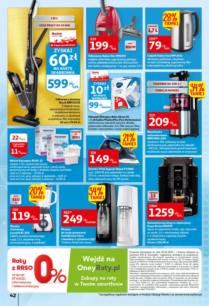 Gazetka promocyjna Auchan - przeNISKIE CENY przeWSPANIAŁE okazje Hipermarkety - ważna 21.04 do 27.04.2022 - strona 42 - produkty: Aquaphor, Bosch, Brit, Brita, Dzbanek, Dzbanek filtrujący, Odkurzacz, Pojemnik, Pur, Sok, Top