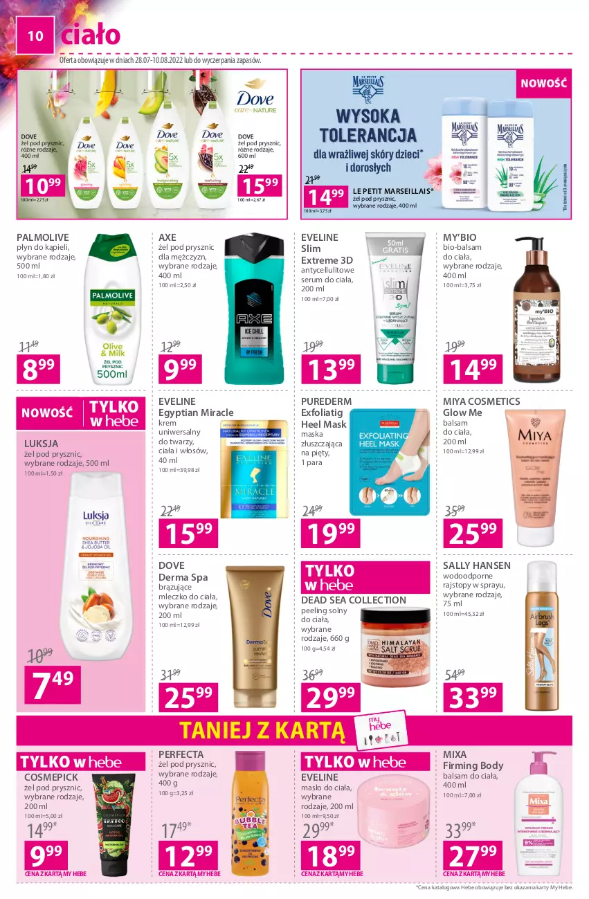 Gazetka promocyjna Hebe - Gazetka - ważna 28.07 do 10.08.2022 - strona 10 - produkty: Balsam do ciała, Body, Dove, Eveline, Krem uniwersalny, Luksja, Mars, Maska, Masło, Masło do ciała, Mixa, Miya Cosmetics, Mleczko, Mleczko do ciała, Palmolive, Peeling, Perfecta, Płyn do kąpieli, Por, Pur, Rajstopy, Rum, Sally Hansen, Ser, Serum, Top