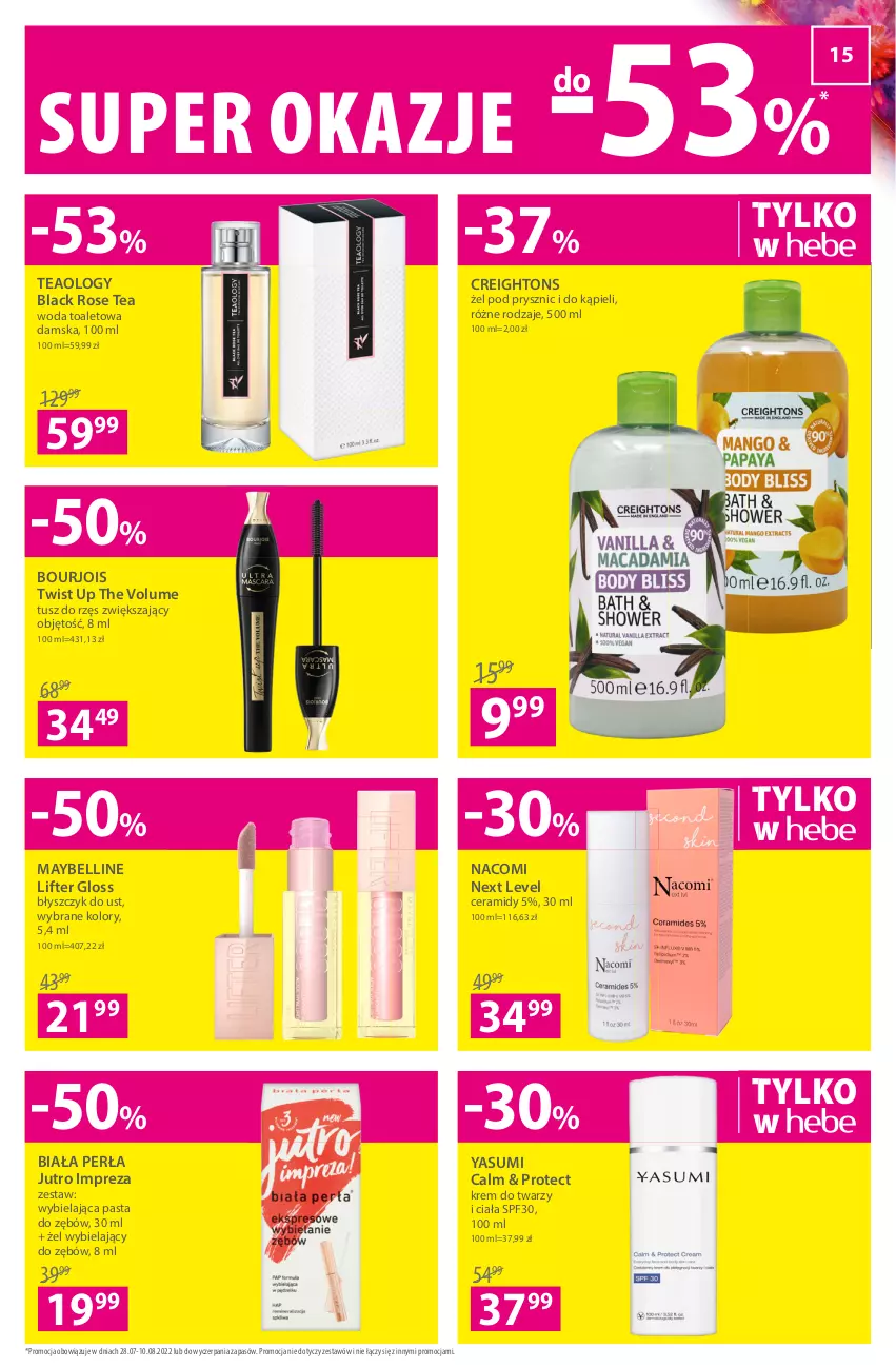 Gazetka promocyjna Hebe - Gazetka - ważna 28.07 do 10.08.2022 - strona 15 - produkty: Bell, Błyszczyk do ust, Bourjois, Krem do twarzy, Lack, Maybelline, Nacomi, Pasta do zębów, Perła, Tusz, Woda, Woda toaletowa