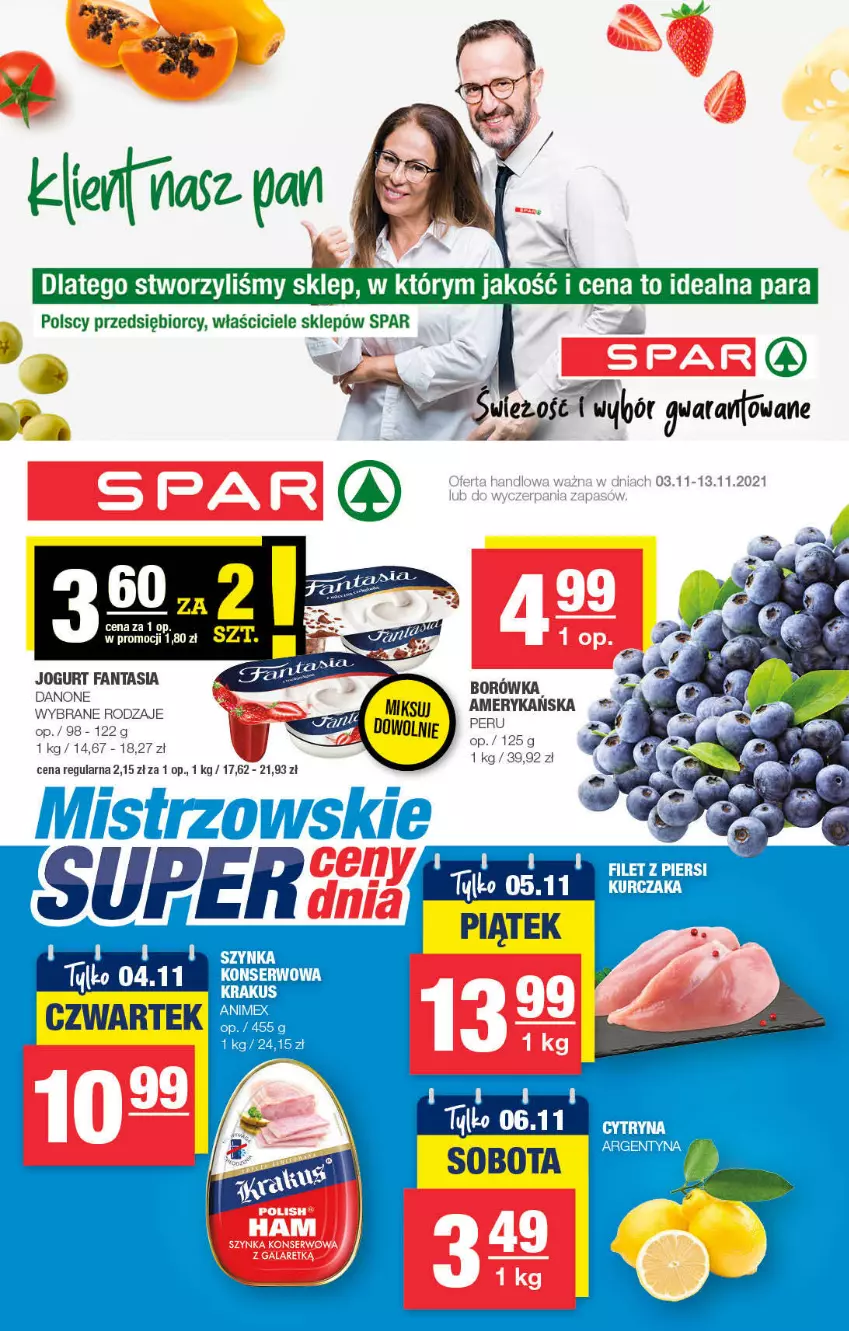 Gazetka promocyjna Spar - ważna 02.11 do 12.11.2021 - strona 1 - produkty: Borówka, Danone, Fa, Fanta, Gala, Jogurt, Ser, Szynka, Szynka konserwowa