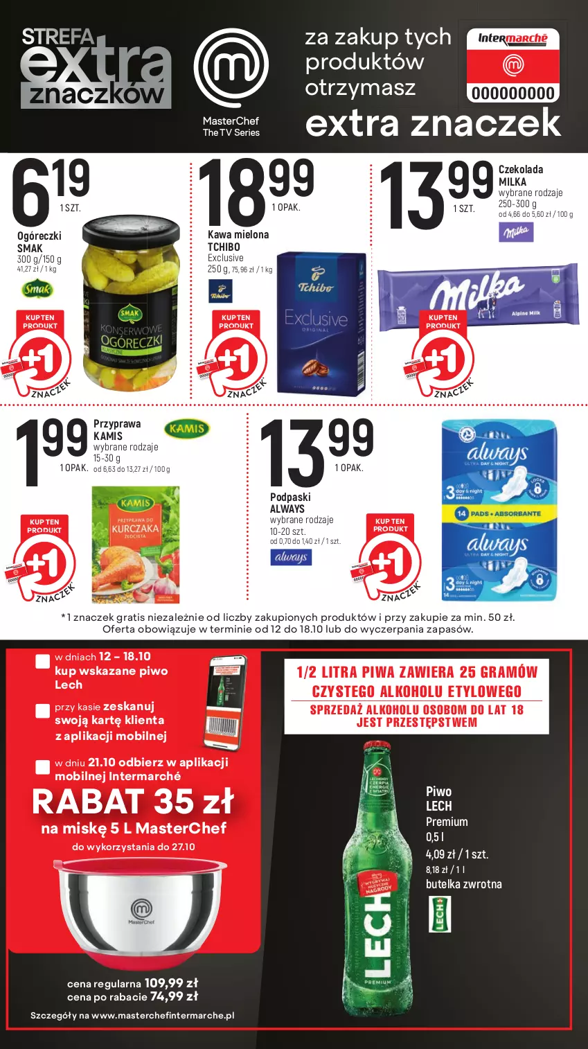 Gazetka promocyjna Intermarche - Gazetka Intermarche - ważna 12.10 do 18.10.2023 - strona 15 - produkty: Always, Czekolada, Gra, Kamis, Kawa, Kawa mielona, Lech Premium, Milka, Mobil, Piwa, Piwo, Podpaski, Tchibo