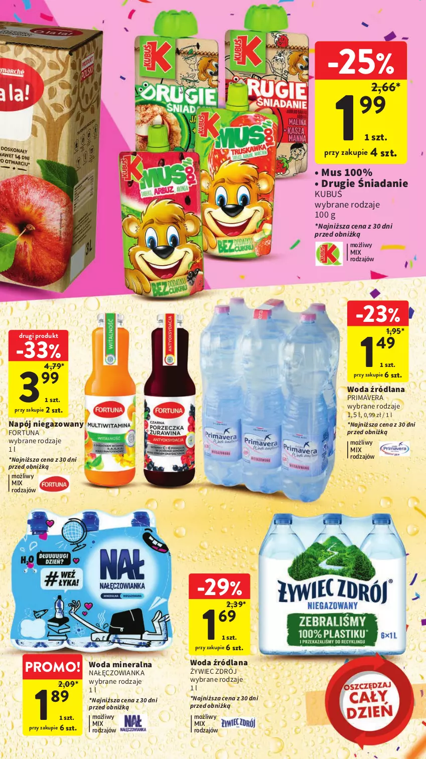 Gazetka promocyjna Intermarche - Gazetka Intermarche - ważna 12.10 do 18.10.2023 - strona 37 - produkty: Fortuna, Kubuś, LANA, Mus, Nałęczowianka, Napój, Napój niegazowany, Prima, Primavera, Woda, Woda mineralna