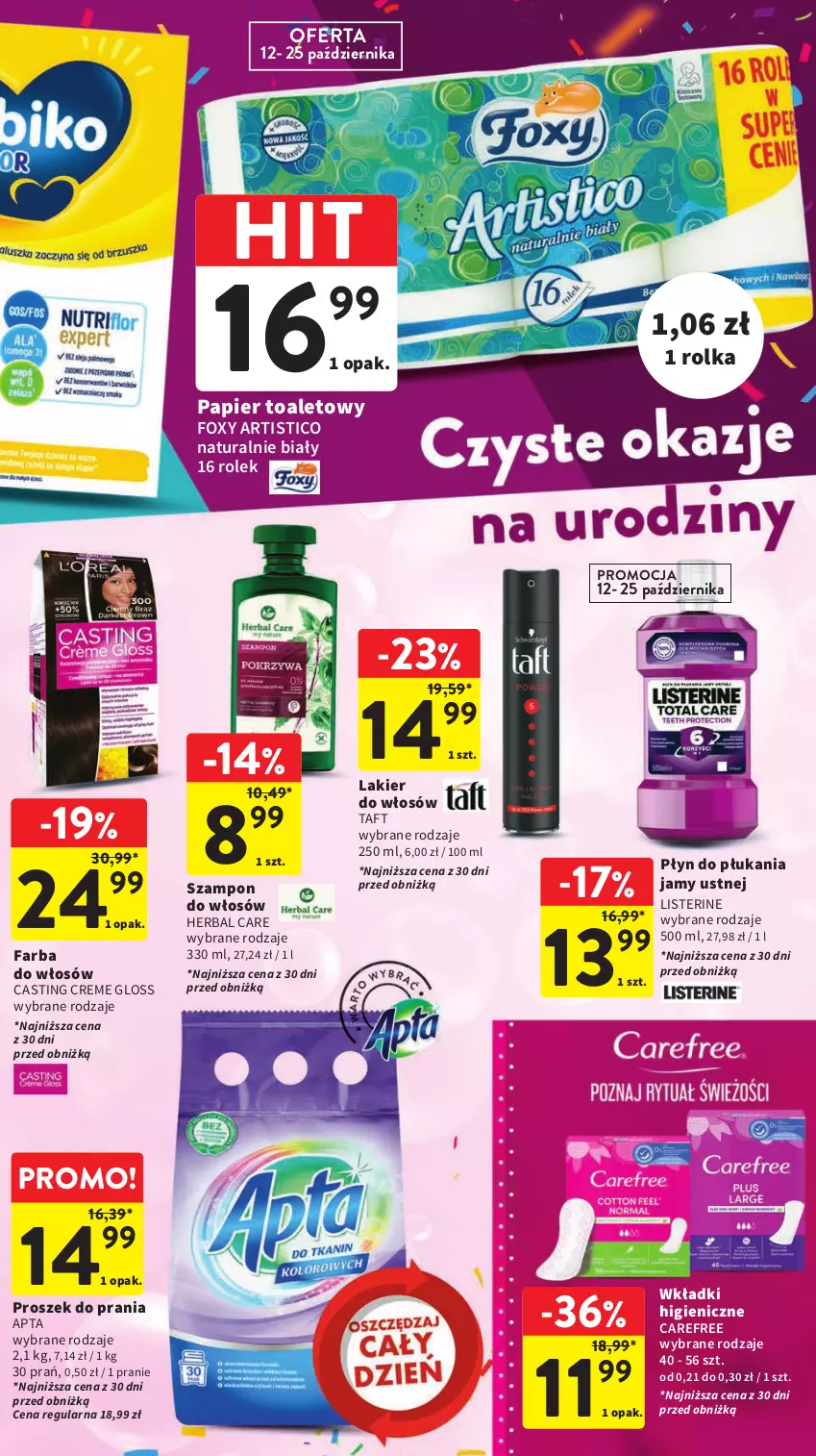 Gazetka promocyjna Intermarche - Gazetka Intermarche - ważna 12.10 do 18.10.2023 - strona 41 - produkty: Carefree, Fa, Farba do włosów, Foxy, Lakier, Lakier do włosów, Listerine, Papier, Papier toaletowy, Płyn do płukania, Płyn do płukania jamy ustnej, Proszek do prania, Szampon, Taft, Wkładki