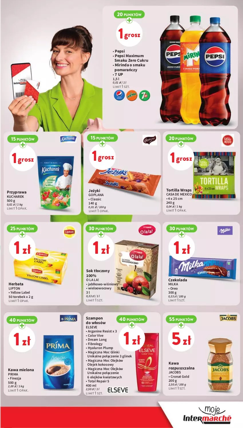 Gazetka promocyjna Intermarche - Gazetka Intermarche - ważna 21.03 do 25.03.2024 - strona 23 - produkty: Czekolada, Elseve, Goplana, Herbata, Jacobs, Jeżyki, Kawa, Kawa mielona, Kawa rozpuszczalna, Kokos, Kucharek, LANA, Lipton, Milka, Mirinda, Olej, Oreo, Pepsi, Pepsi max, Prima, Sok, Szampon, Tortilla