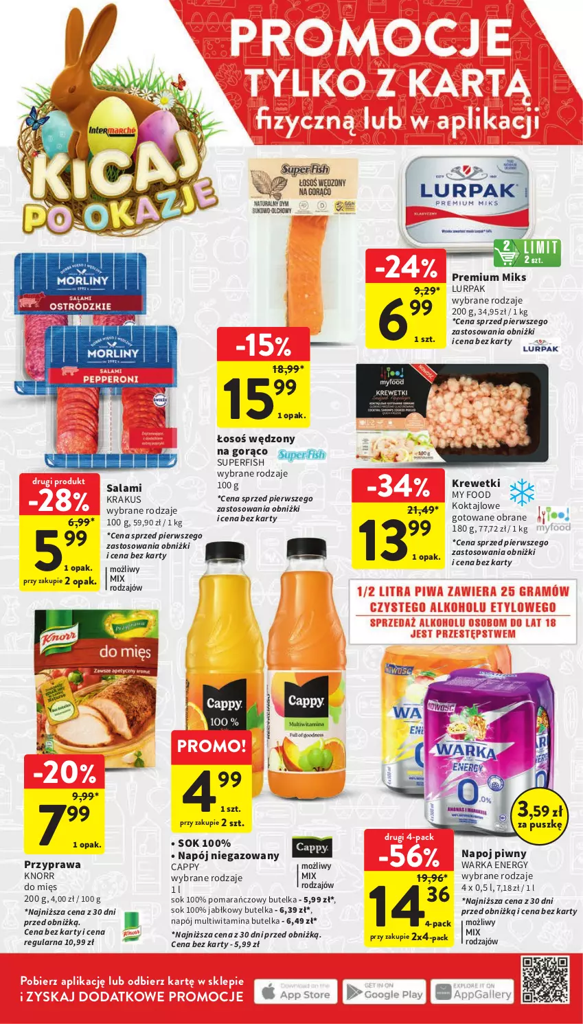 Gazetka promocyjna Intermarche - Gazetka Intermarche - ważna 21.03 do 25.03.2024 - strona 24 - produkty: Cappy, Knorr, Krakus, Krewetki, Lurpak, Napój, Napój niegazowany, Salami, Sok, Warka