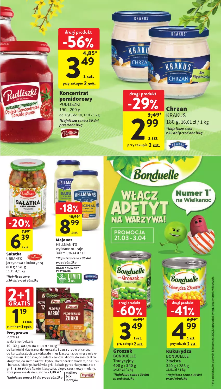 Gazetka promocyjna Intermarche - Gazetka Intermarche - ważna 21.03 do 25.03.2024 - strona 41 - produkty: Bonduelle, Chrzan, Fa, Gra, Grill, Groszek, Gyros, Hellmann’s, Kebab, Koncentrat pomidorowy, Krakus, Kukurydza, Kurczak, Majonez, Pieprz, Prymat, Pudliszki, Sałat, Sałatka, Sos, Stek