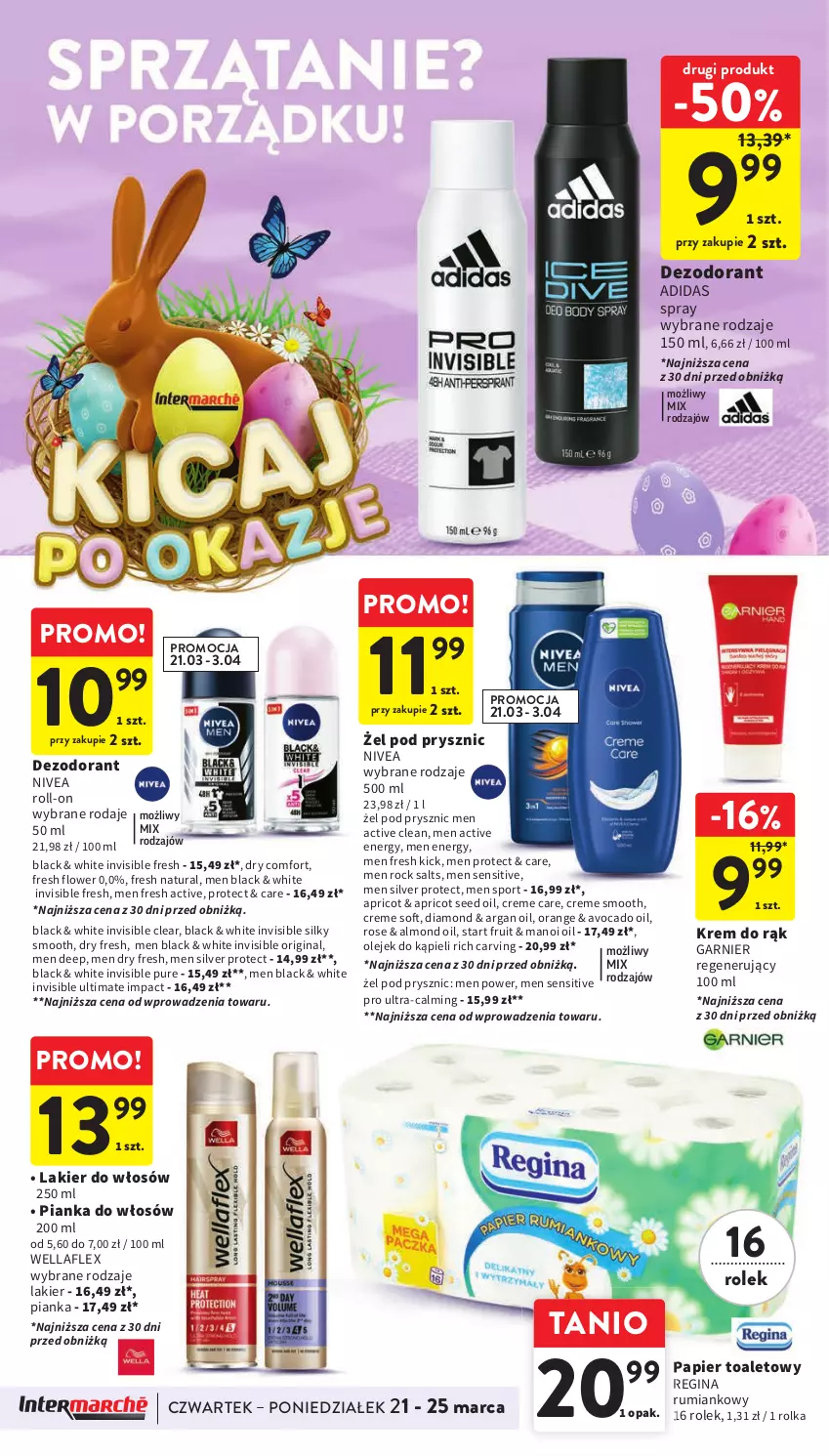 Gazetka promocyjna Intermarche - Gazetka Intermarche - ważna 21.03 do 25.03.2024 - strona 44 - produkty: Adidas, Avocado, Dezodorant, Garnier, Gin, Krem do rąk, Lack, Lakier, Lakier do włosów, Nivea, Olej, Papier, Papier toaletowy, Pianka do włosów, Por, Pur, Rum, Sport, Wella, Wellaflex