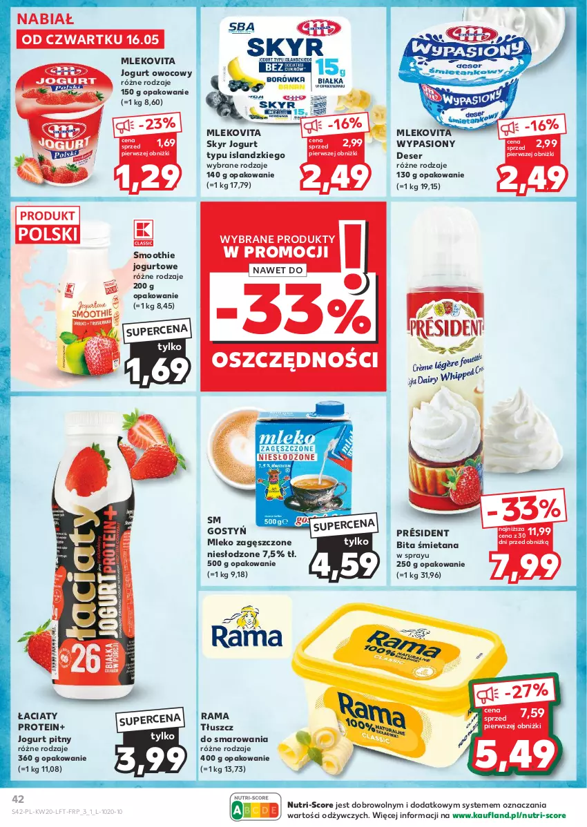 Gazetka promocyjna Kaufland - Gazetka tygodnia - ważna 16.05 do 22.05.2024 - strona 42 - produkty: Deser, Isla, Jogurt, Jogurt owocowy, Jogurt pitny, Mleko, Mleko zagęszczone, Mlekovita, Président, Rama, Ser, Smoothie