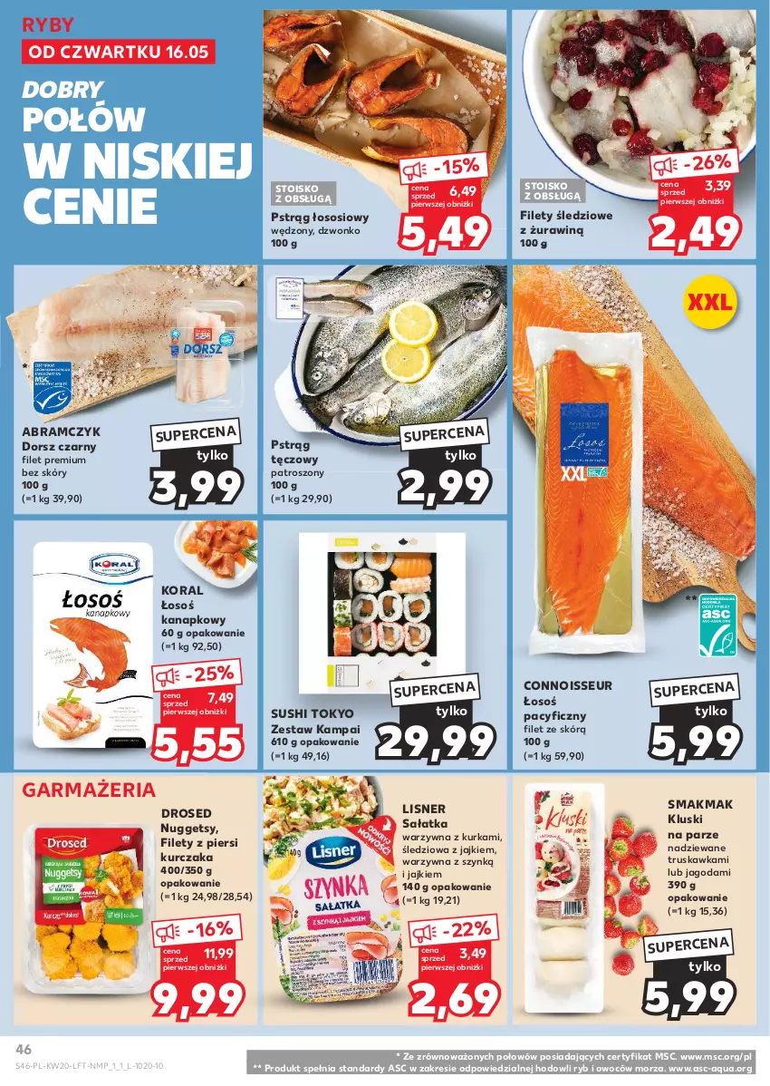 Gazetka promocyjna Kaufland - Gazetka tygodnia - ważna 16.05 do 22.05.2024 - strona 46 - produkty: Dorsz, Kluski na parze, Kurczak, Lisner, Pstrąg, Pstrąg łososiowy, Pstrąg tęczowy, Sałat, Sałatka, Sałatka warzywna, Sos, Sushi