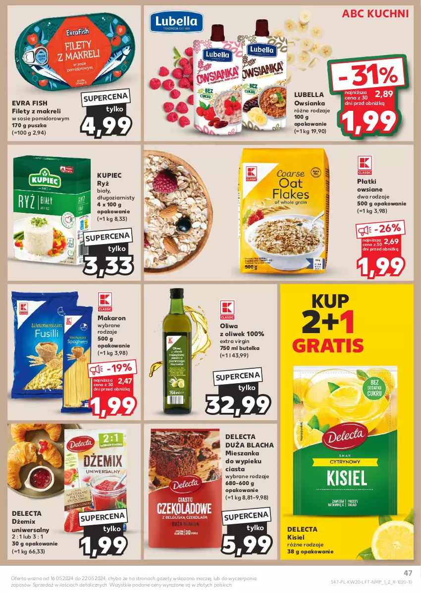 Gazetka promocyjna Kaufland - Gazetka tygodnia - ważna 16.05 do 22.05.2024 - strona 47 - produkty: Bell, Bella, Delecta, Dżem, Evra Fish, Gin, Gra, Kisiel, Kupiec, Lubella, Makaron, Oliwa z oliwek, Owsianka, Piec, Płatki owsiane, Ryż, Sos