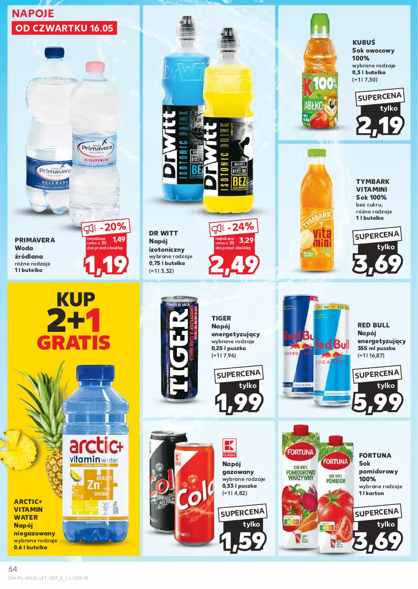 Gazetka promocyjna Kaufland - Gazetka tygodnia - ważna 16.05 do 22.05.2024 - strona 54 - produkty: Fortuna, Gra, Kubuś, LANA, Napój, Napój gazowany, Napój izotoniczny, Napój niegazowany, Napoje, Prima, Primavera, Red Bull, Sok, Sok pomidorowy, Tiger, Tymbark, Woda