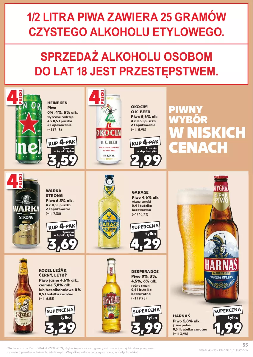 Gazetka promocyjna Kaufland - Gazetka tygodnia - ważna 16.05 do 22.05.2024 - strona 55 - produkty: Desperados, Gra, Harnaś, Heineken, Koc, Kozel, Okocim, Piwa, Piwo, Piwo jasne, Warka