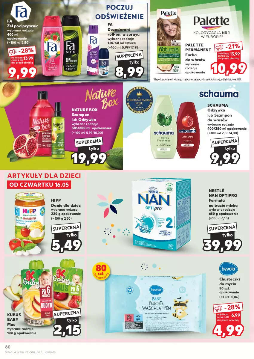 Gazetka promocyjna Kaufland - Gazetka tygodnia - ważna 16.05 do 22.05.2024 - strona 60 - produkty: Chusteczki, Danie dla dzieci, Dezodorant, Dzieci, Fa, Farba do włosów, HiPP, Kubuś, Mus, NAN Optipro, Nature Box, Nestlé, Odżywka, Palette, Schauma, Szampon