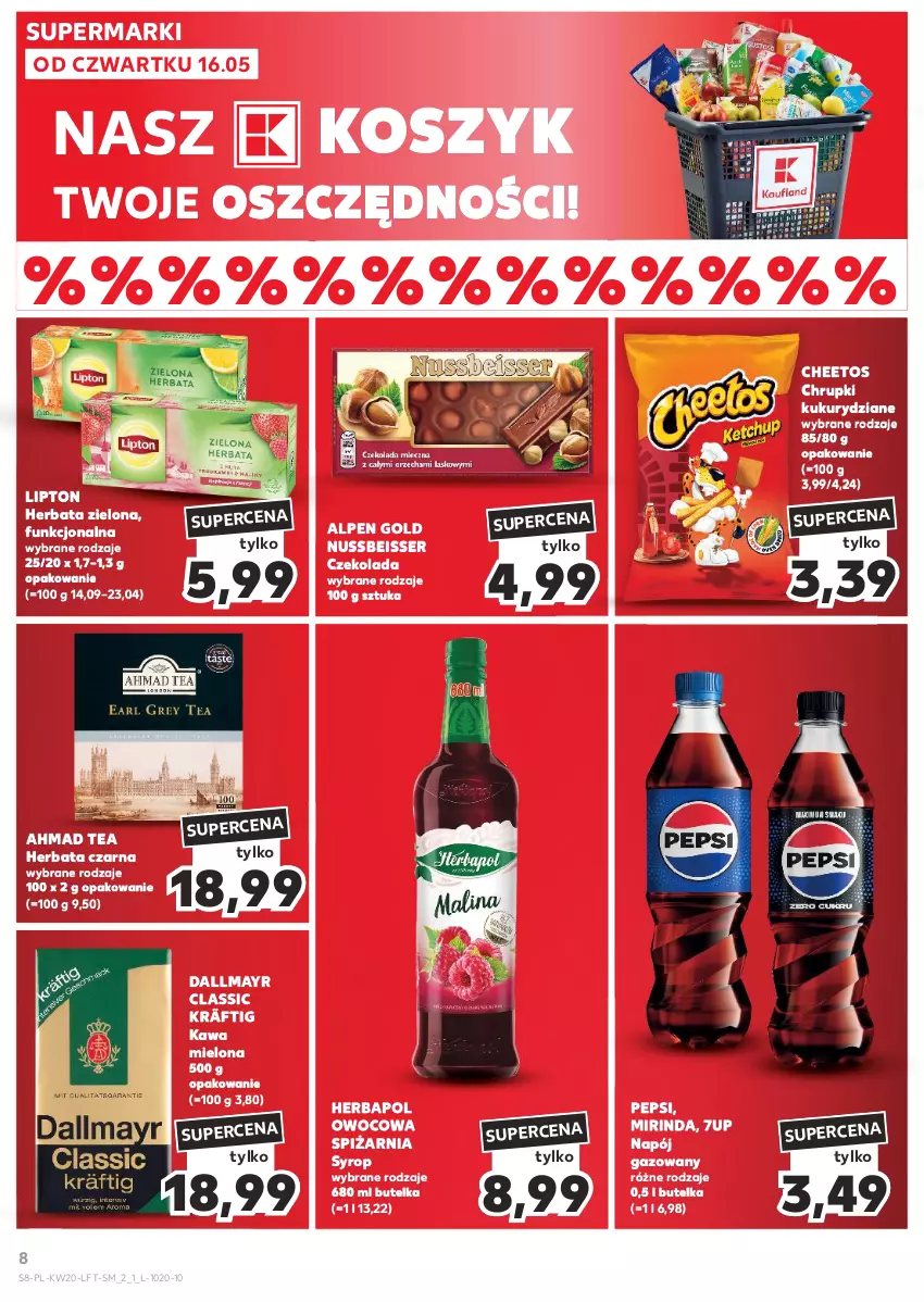 Gazetka promocyjna Kaufland - Gazetka tygodnia - ważna 16.05 do 22.05.2024 - strona 8 - produkty: 7up, Cheetos, Chrupki, Czekolada, Dallmayr, Herbapol, Herbata, Herbata czarna, Kawa, Kawa mielona, Kosz, Lipton, Mirinda, Napój, Napój gazowany, Pepsi, Ser, Syrop