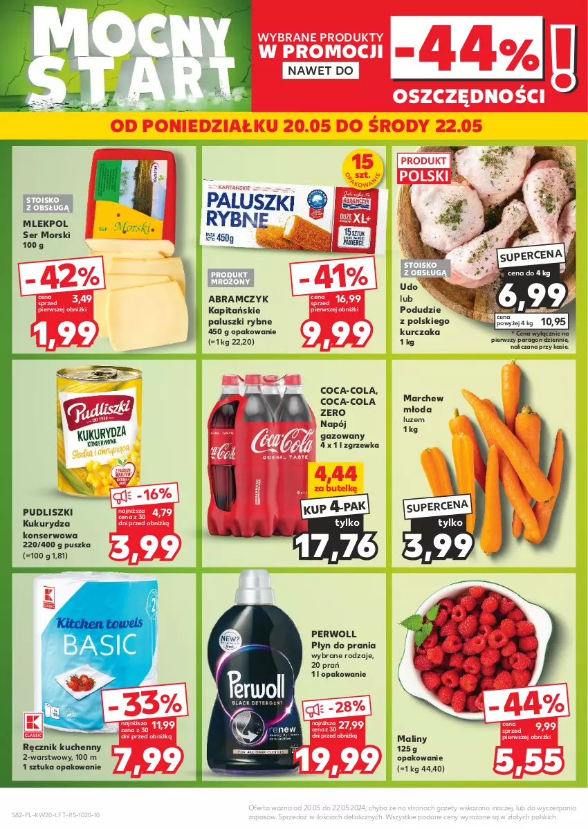 Gazetka promocyjna Kaufland - Gazetka tygodnia - ważna 16.05 do 22.05.2024 - strona 82 - produkty: Coca-Cola, Kukurydza, Kukurydza konserwowa, Kurczak, Maliny, Napój, Napój gazowany, Paluszki rybne, Perwoll, Płyn do prania, Pudliszki, Ręcznik, Ręcznik kuchenny, Ser