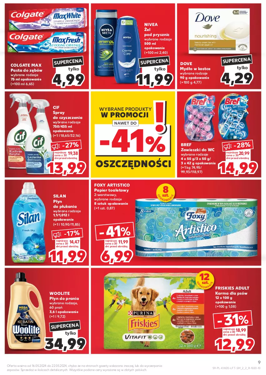 Gazetka promocyjna Kaufland - Gazetka tygodnia - ważna 16.05 do 22.05.2024 - strona 9 - produkty: Bref, Cif, Colgate, Dove, Foxy, Friskies, LG, Mydło, Nivea, Papier, Papier toaletowy, Pasta do zębów, Płyn do płukania, Płyn do prania, Silan, Spray do czyszczenia, Woolite, Zawieszki