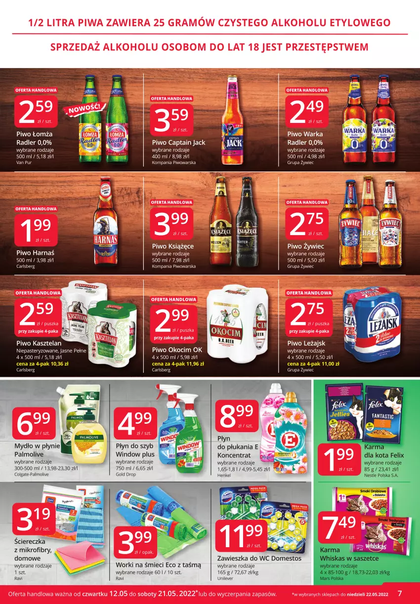 Gazetka promocyjna Market Vita - Gazetka promocyjna – Marketvita - ważna 12.05 do 21.05.2022 - strona 7 - produkty: Captain Jack, Carlsberg, Colgate, Domestos, Harnaś, Kasztelan, Koc, Książęce, LG, Mydło, Mydło w płynie, Okocim, Palmolive, Piwo, Płyn do szyb, Radler, Warka, Worki na śmiec, Worki na śmieci, Zawieszka do wc