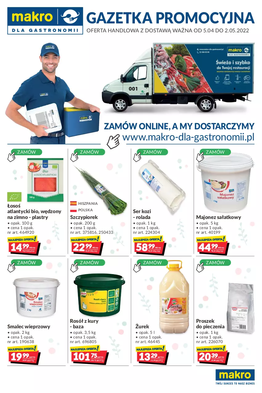 Gazetka promocyjna Makro - [Oferta promocyjna] Dostawa - ważna 05.04 do 02.05.2022 - strona 1 - produkty: Majonez, Majonez sałatkowy, Piec, Proszek do pieczenia, Rolada, Rosół, Sałat, Ser, Ser kozi, Smalec