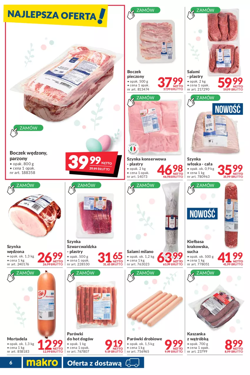 Gazetka promocyjna Makro - [Oferta promocyjna] Dostawa - ważna 05.04 do 02.05.2022 - strona 6 - produkty: Boczek, Boczek pieczony, Hot dog, Kasza, Kaszanka, Kiełbasa, Kiełbasa krakowska, Parówki, Piec, Salami, Ser, Szynka, Szynka konserwowa