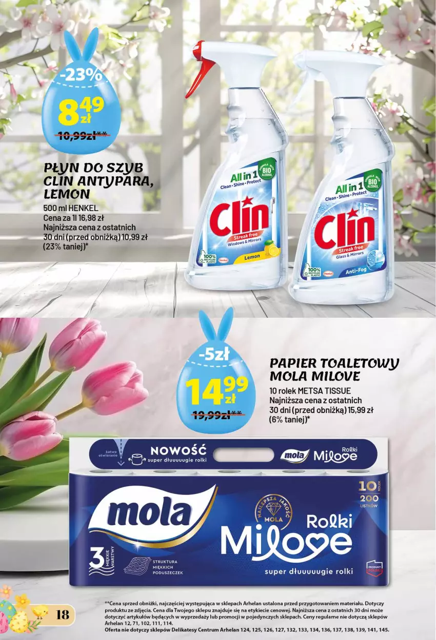 Gazetka promocyjna Arhelan - Gazetka - ważna 13.03 do 12.04.2026 - strona 18 - produkty: Clin, Mola, Papier, Papier toaletowy, Płyn do szyb, Rolki, Rum
