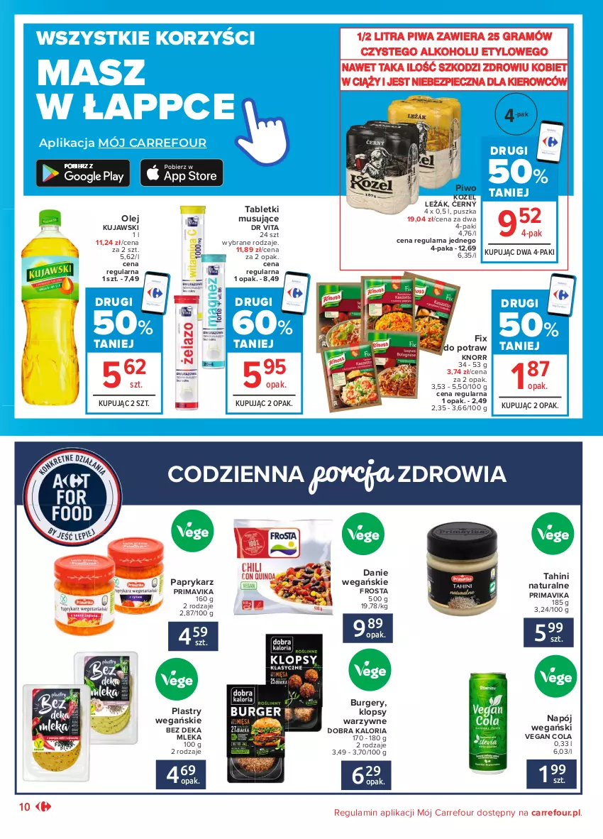 Gazetka promocyjna Carrefour - Gazetka Market - ważna 18.01 do 31.01.2021 - strona 10 - produkty: Burger, Dr Vita, Frosta, Gra, Knorr, Kozel, Kujawski, Mus, Napój, Olej, Papryka, Paprykarz, Piec, Piwa, Piwo, Por, Prima, Primavika, Tablet, Tabletki musujące