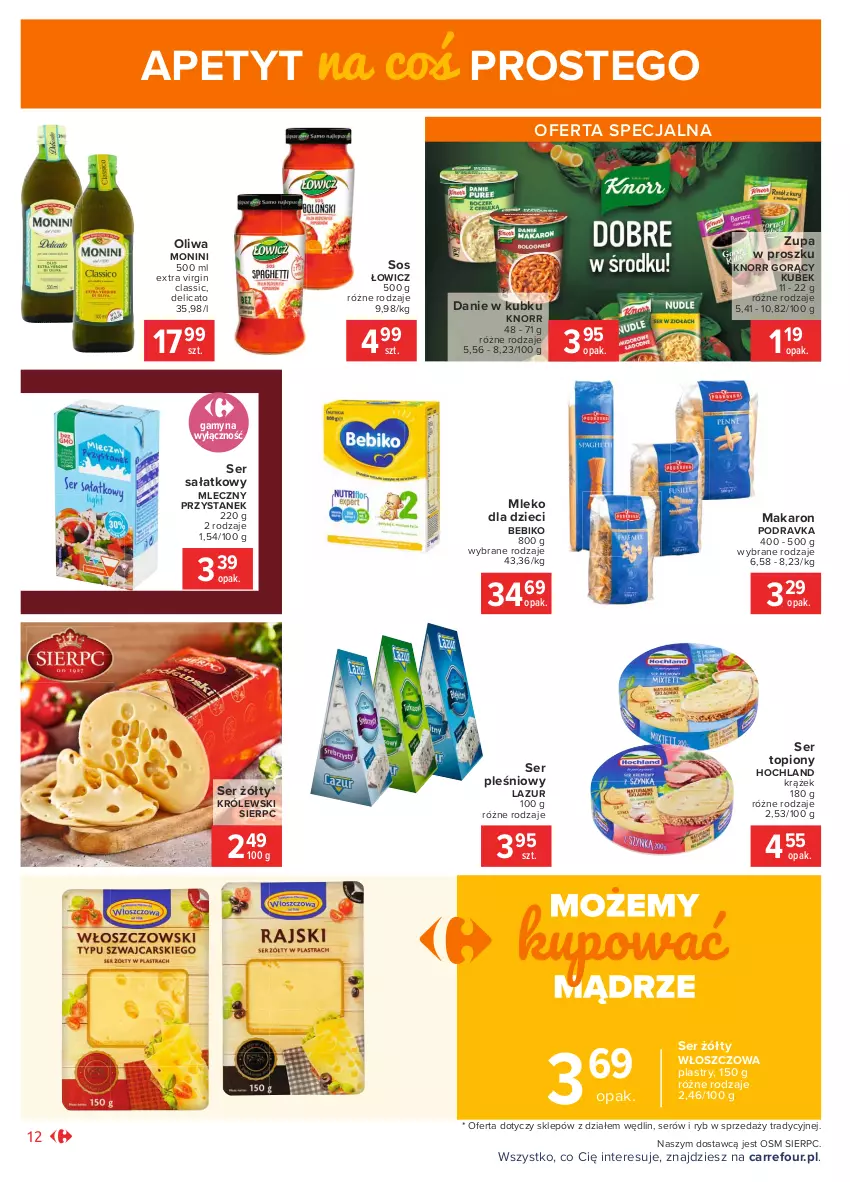 Gazetka promocyjna Carrefour - Gazetka Market - ważna 18.01 do 31.01.2021 - strona 12 - produkty: Bebiko, Dzieci, Gin, Hochland, Knorr, Królewski, Kubek, Lazur, Makaron, Mleko, Mleko dla dzieci, Monini, Podravka, Sałat, Ser, Ser pleśniowy, Ser topiony, Sos, Top, Zupa