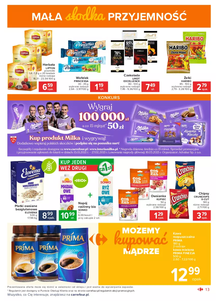 Gazetka promocyjna Carrefour - Gazetka Market - ważna 18.01 do 31.01.2021 - strona 13 - produkty: Chipsy, Crunchips, Czekolada, Haribo, Herbata, Kawa, Kawa mielona, Kawa rozpuszczalna, Kosz, Kupiec, Lindt, Lipton, Napój, Napój roślinny, Owsianka, Piec, Płatki owsiane, Prima, Princessa, Sonko, Wafelek