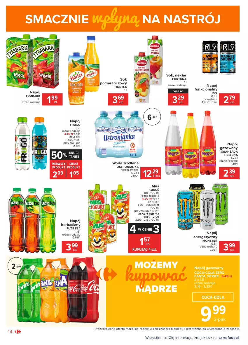 Gazetka promocyjna Carrefour - Gazetka Market - ważna 18.01 do 31.01.2021 - strona 14 - produkty: Coca-Cola, Fa, Fanta, Fortuna, Hellena, Hortex, Kosz, Kubuś, LANA, Mus, Napój, Napój energetyczny, Napój gazowany, Nektar, Oranżada, Sok, Sok pomarańczowy, Sprite, Tymbark, Woda