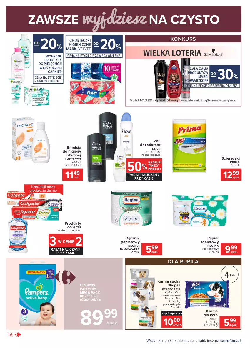 Gazetka promocyjna Carrefour - Gazetka Market - ważna 18.01 do 31.01.2021 - strona 16 - produkty: Chusteczki, Colgate, Dezodorant, Dove, Emulsja, Felix, Garnier, Gin, Kosz, Lactacyd, LG, Pampers, Papier, Papier toaletowy, Pieluchy, Prima, Ręcznik, Rolki, Rum, Schwarzkopf, Velvet