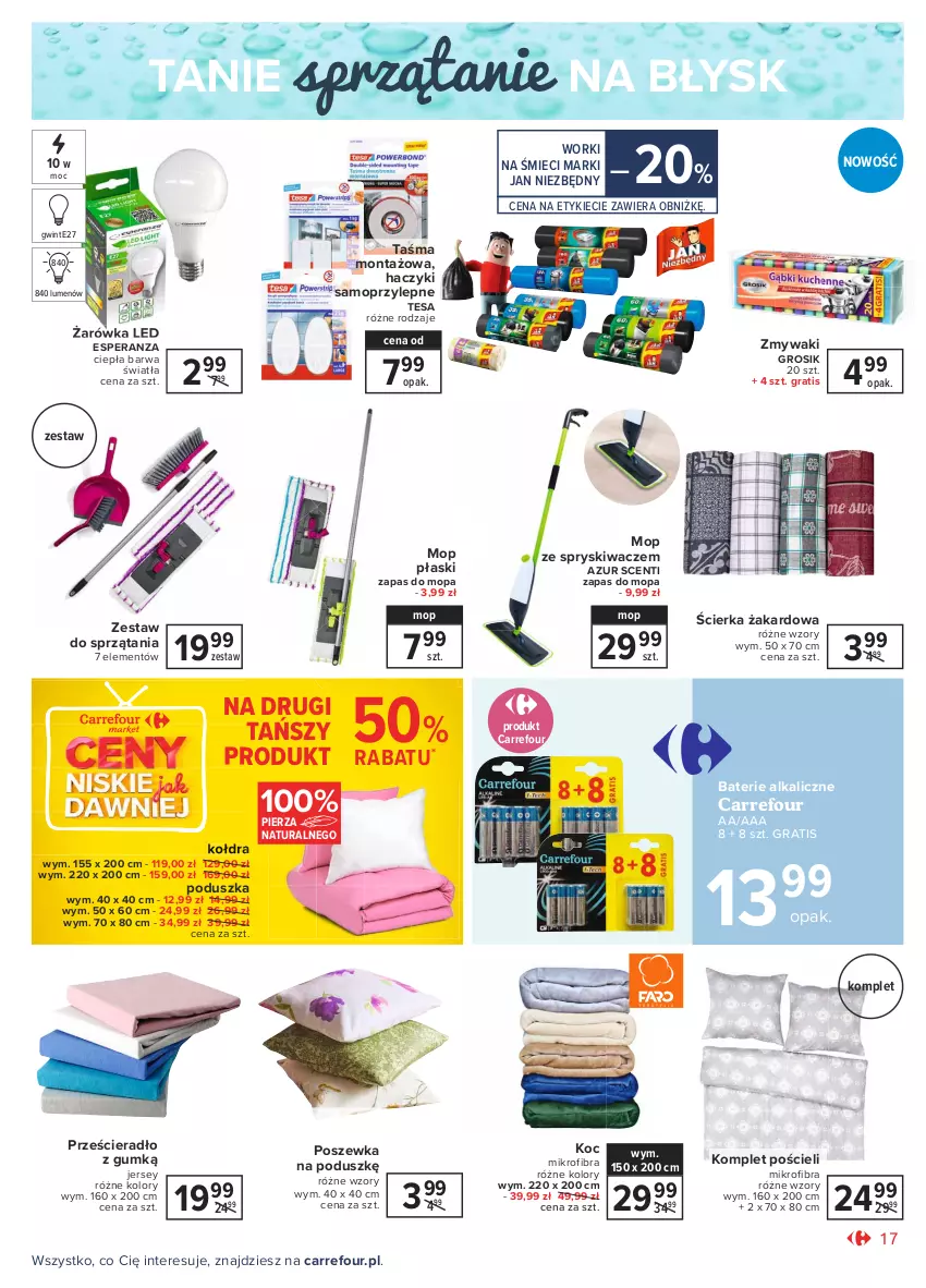 Gazetka promocyjna Carrefour - Gazetka Market - ważna 18.01 do 31.01.2021 - strona 17 - produkty: Baterie alkaliczne, Gra, Haczyk, Jan Niezbędny, Koc, Kołdra, Komplet pościeli, Mop, Poduszka, Pościel, Poszewka, Prześcieradło, Taśma montażowa, Worki na śmiec, Worki na śmieci