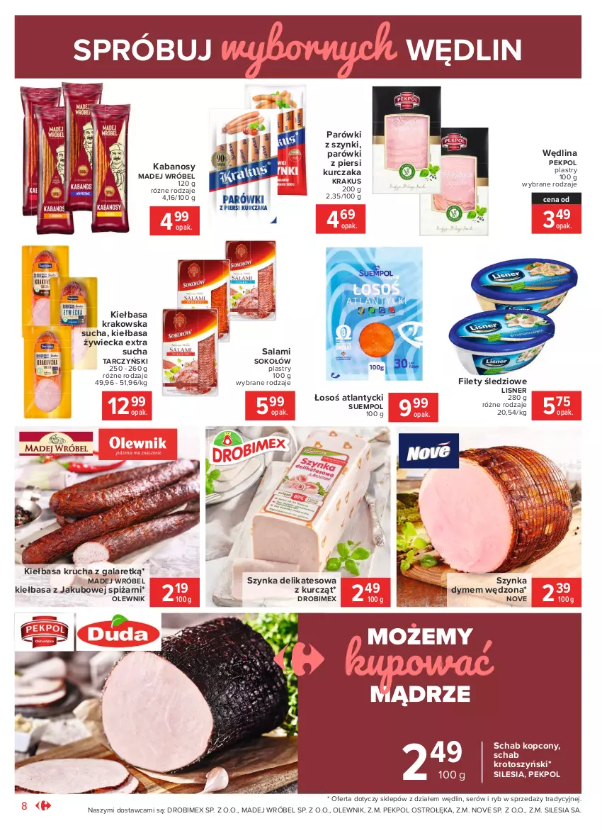 Gazetka promocyjna Carrefour - Gazetka Market - ważna 18.01 do 31.01.2021 - strona 8 - produkty: Drobimex, Gala, Kabanos, Kiełbasa, Kiełbasa krakowska, Kiełbasa krucha, Krakus, Kurczak, Lisner, Madej Wróbel, Olewnik, Parówki, Parówki z piersi kurczaka, Parówki z szynki, Pekpol, Salami, Schab kopcony, Schab krotoszyński, Ser, Sok, Sokołów, Suempol, Szynka, Szynka delikatesowa, Tarczyński, Wędlina