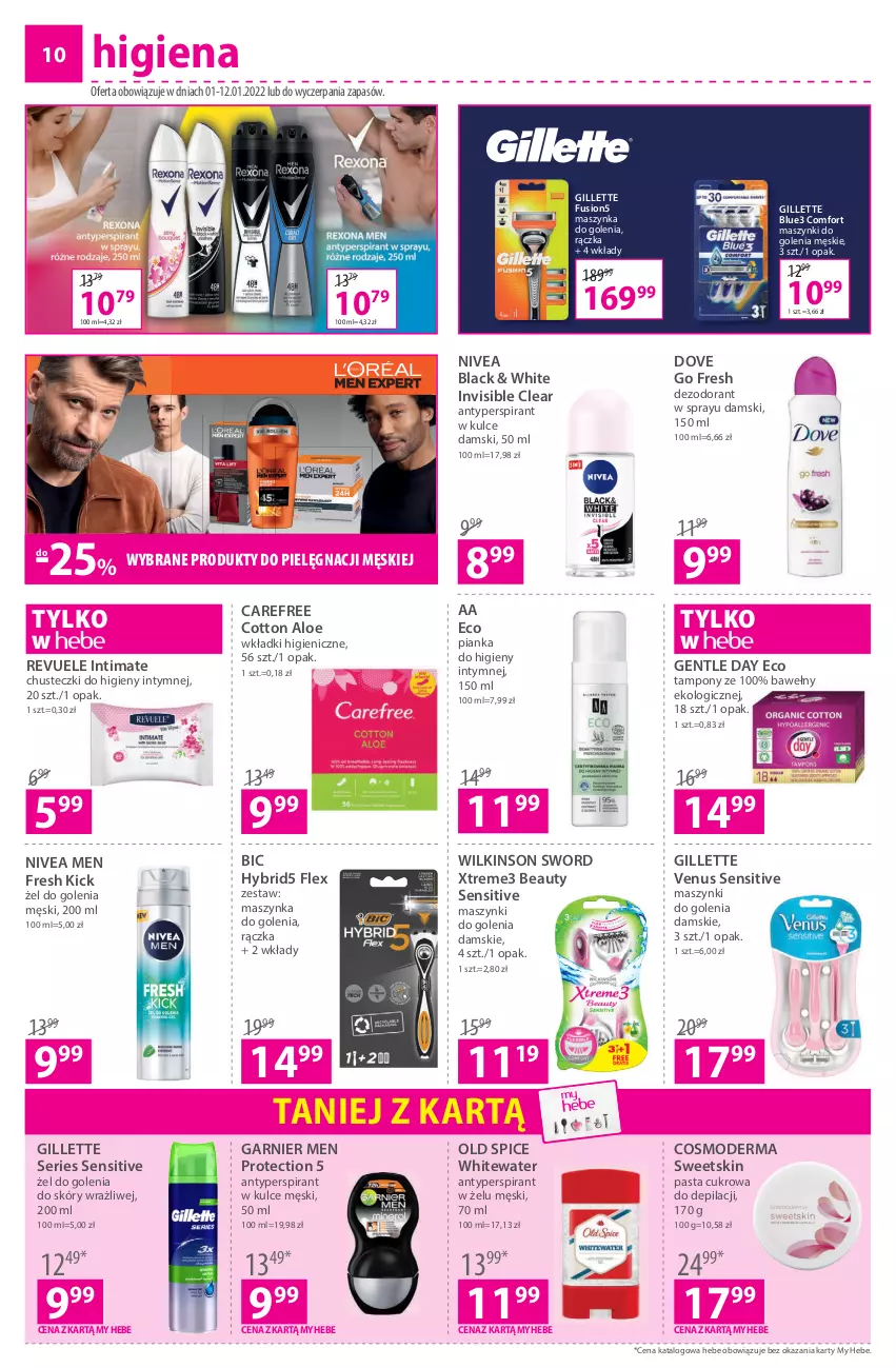 Gazetka promocyjna Hebe - Gazetka - ważna 01.01 do 12.01.2022 - strona 10 - produkty: Antyperspirant, BIC, Carefree, Chusteczki, Chusteczki do higieny, Dezodorant, Dove, Fusion, Garnier, Gillette, Gillette Venus, Lack, Maszynka, Maszynka do golenia, Nivea, Nivea Men, Old Spice, Revuele, Ser, Szynka, Tampony, Venus, Wilkinson Sword, Wkładki