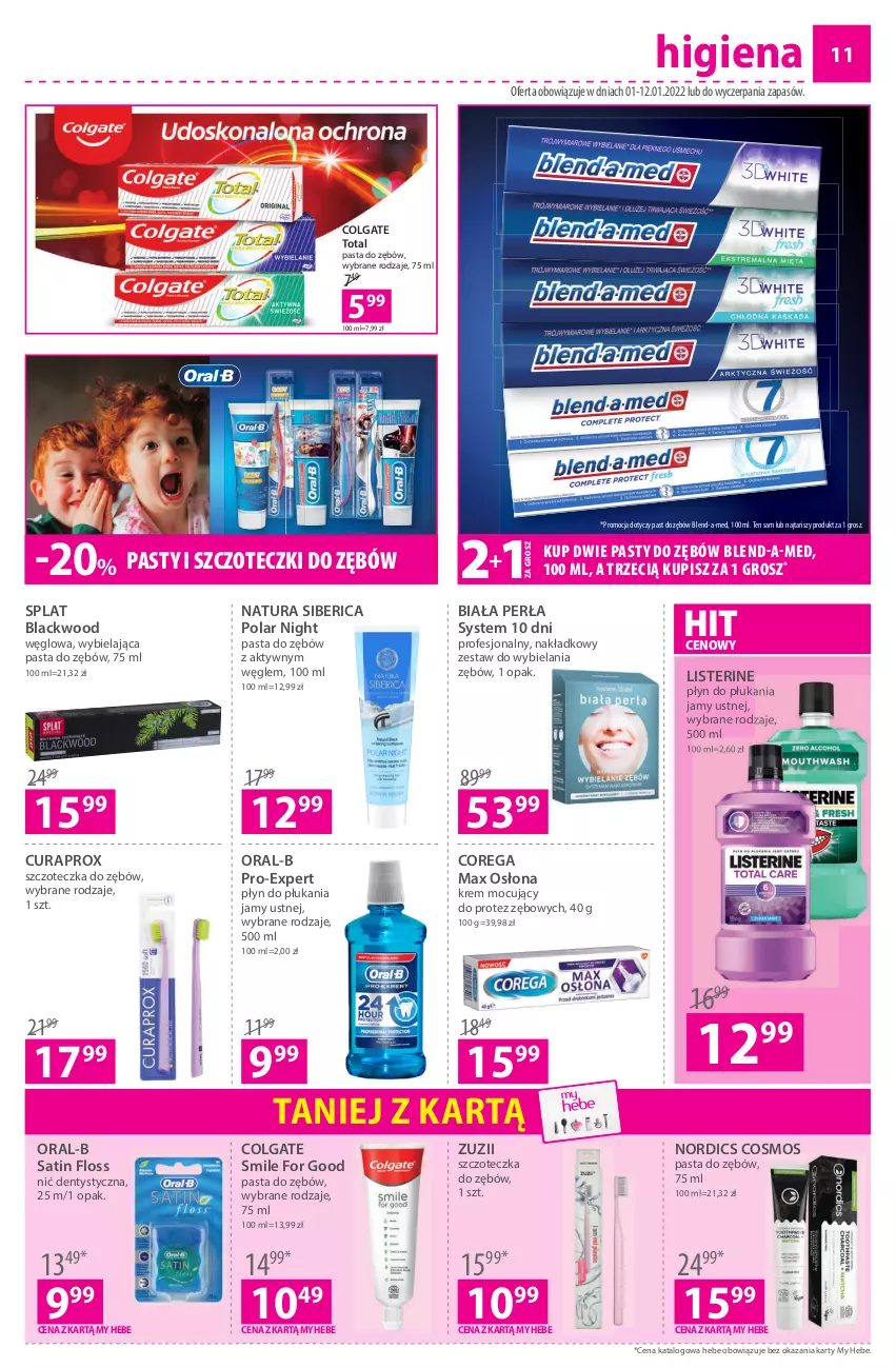 Gazetka promocyjna Hebe - Gazetka - ważna 01.01 do 12.01.2022 - strona 11 - produkty: Blend-a-Med, Colgate, Colgate Total, Corega, Curaprox, Lack, LG, Listerine, Natura Siberica, Nić dentystyczna, Pasta do zębów, Perła, Płyn do płukania, Płyn do płukania jamy ustnej, Sati, Szczoteczka, Szczoteczka do zębów